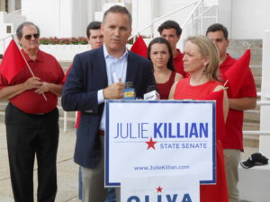 On July 29, state Senate candidate Julie Killian, of Rye, and Phil Oliva, a candidate for Congress, urged Westchester parents to voice their opinions against a federal education regulation. Photo/Franco Fino