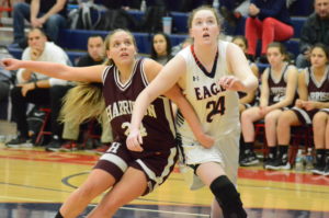 Eastchester’s Fiona Teahan battles in the paint with Kendall Lefkowitz.
